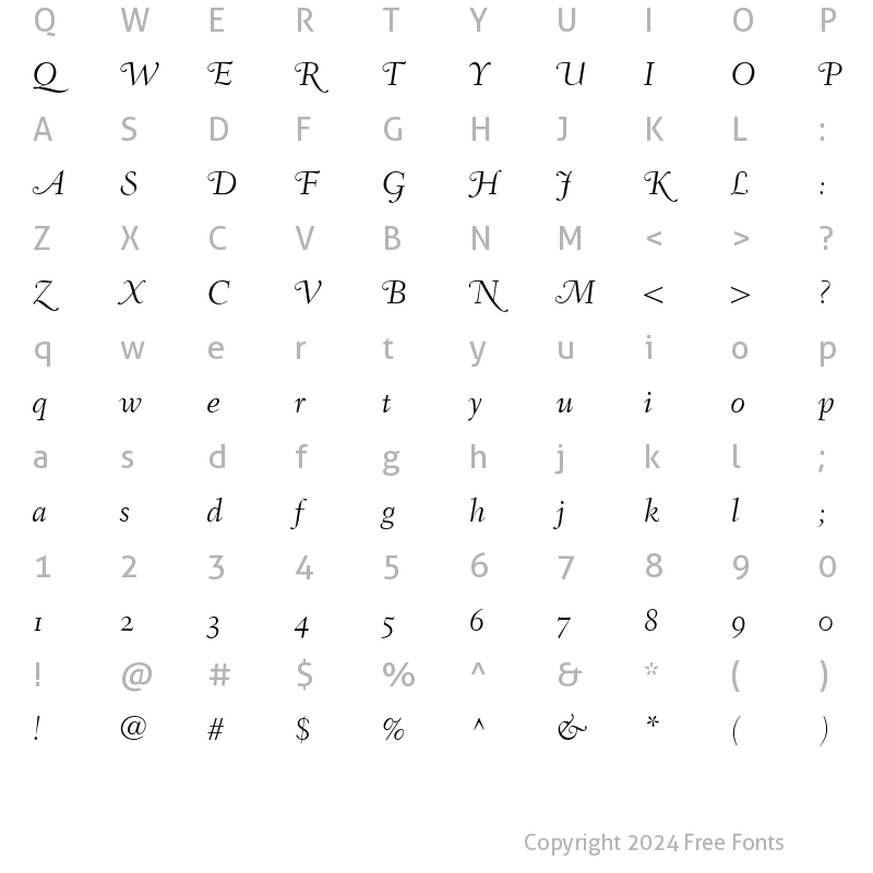 Character Map of Fairfield LH SwLightItalicOsF Italic