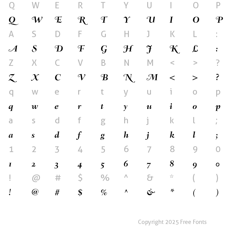 Character Map of Fairfield LH SwMediumItalicOsF Bold Italic