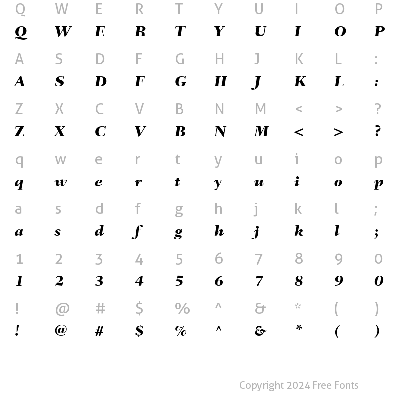 Character Map of Fairfield LT Heavy Italic