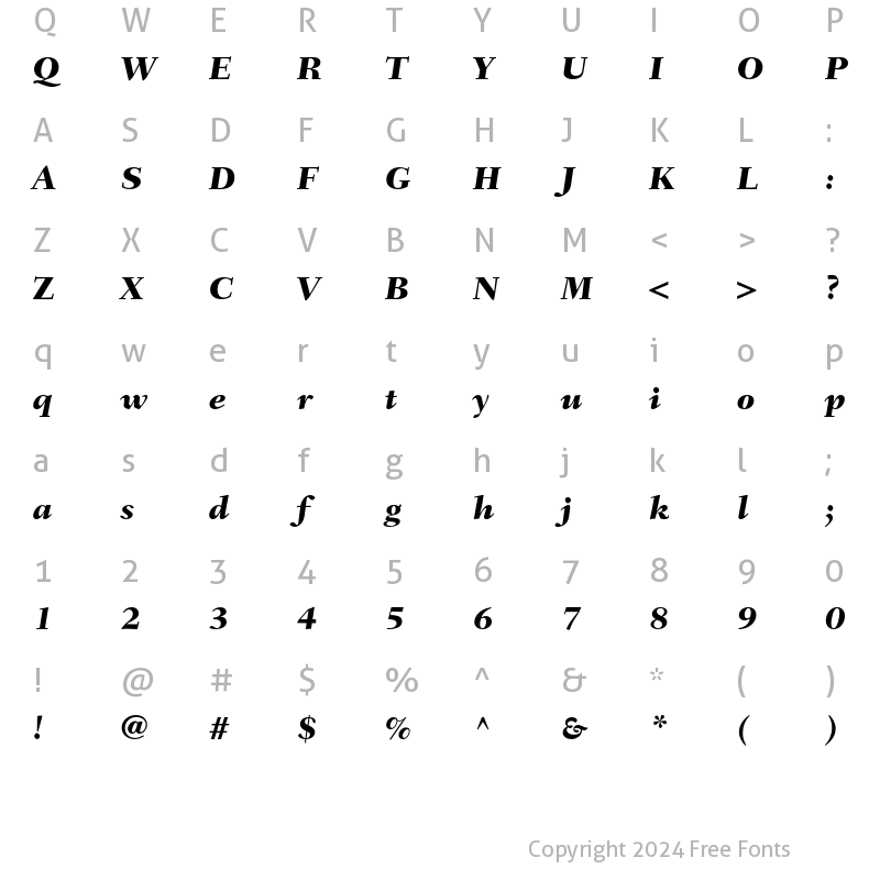 Character Map of Fairfield LT Std 86 Heavy Italic