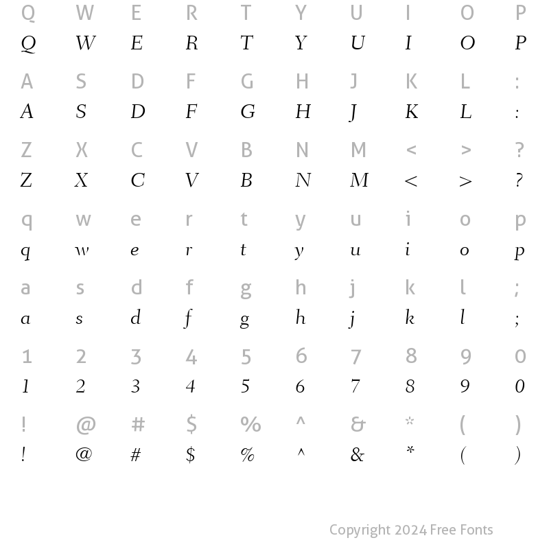 Character Map of FairfieldLH45Caption-Light LightItalic