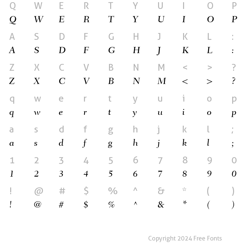 Character Map of FairfieldLH55Caption-Medium MediumItalic