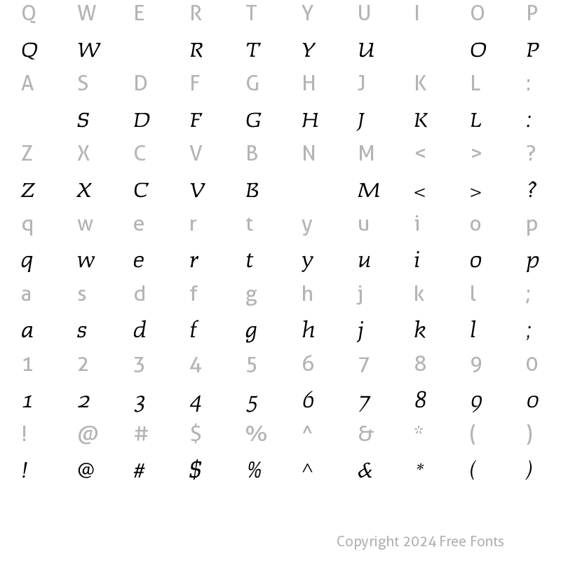 Character Map of FaustLightItalicOldStyleFigs Regular