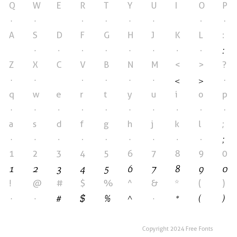 Character Map of FaustLightItalicOldStyleFigsTab Regular