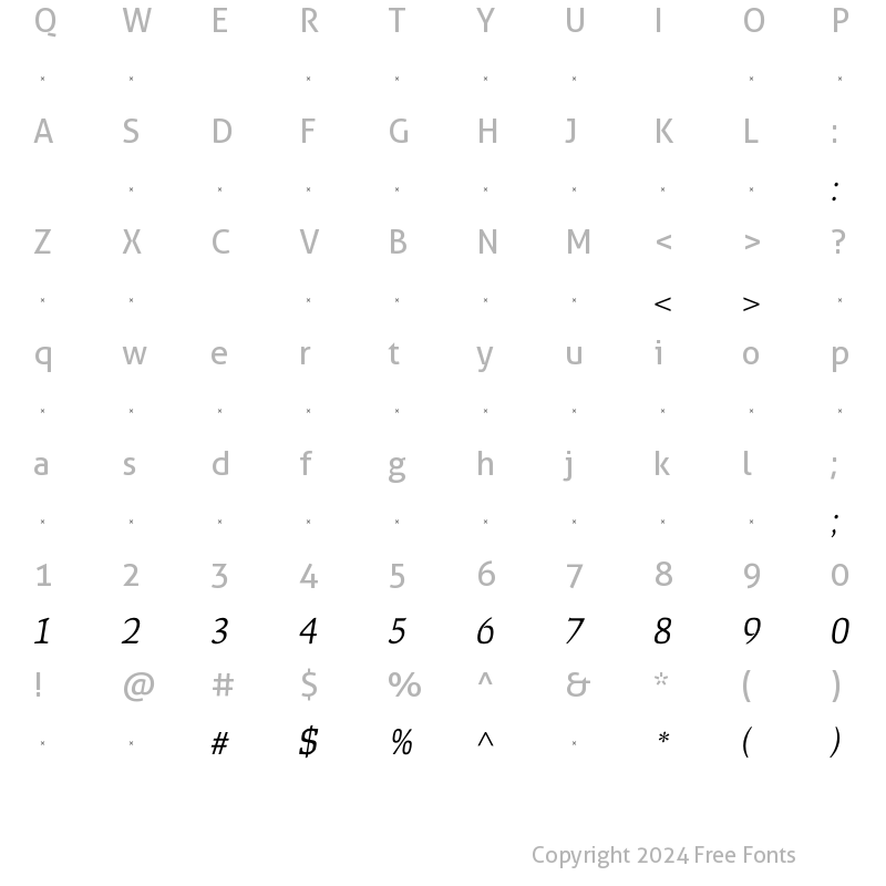 Character Map of FaustLightItalicTab Regular