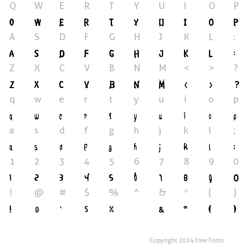 Character Map of felt script encombered