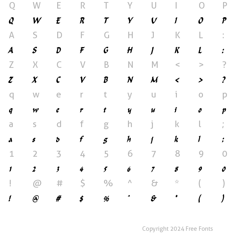 Character Map of Flat Brush Thin BoldItalic