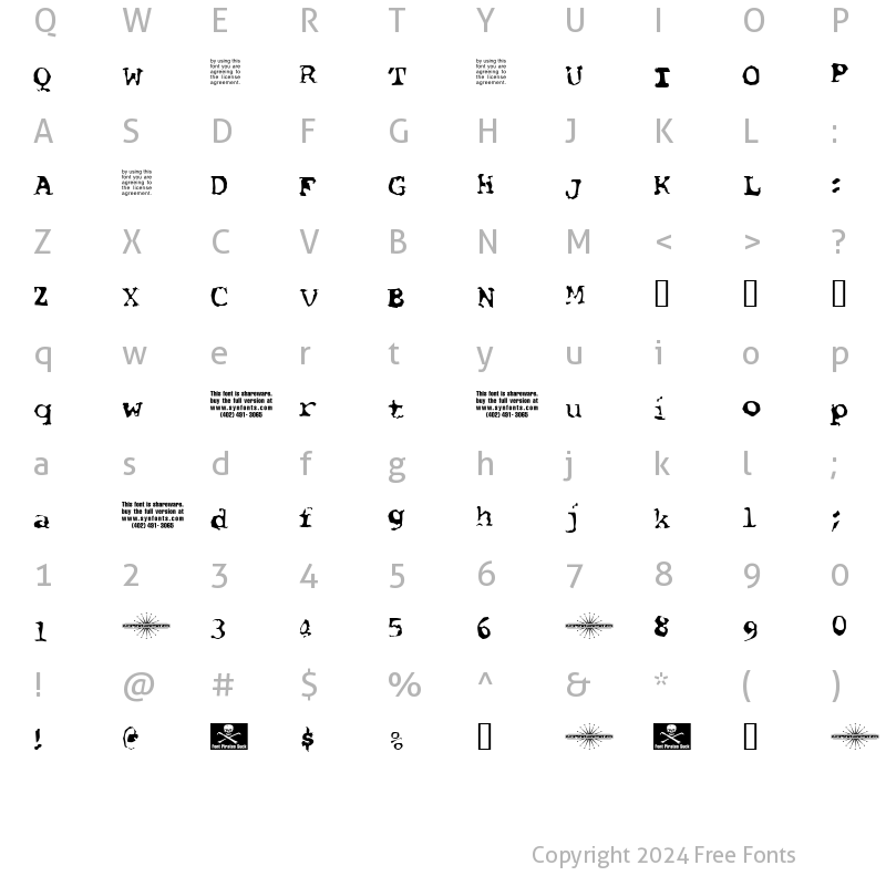 Character Map of Font Pirate UNPAID DEMO