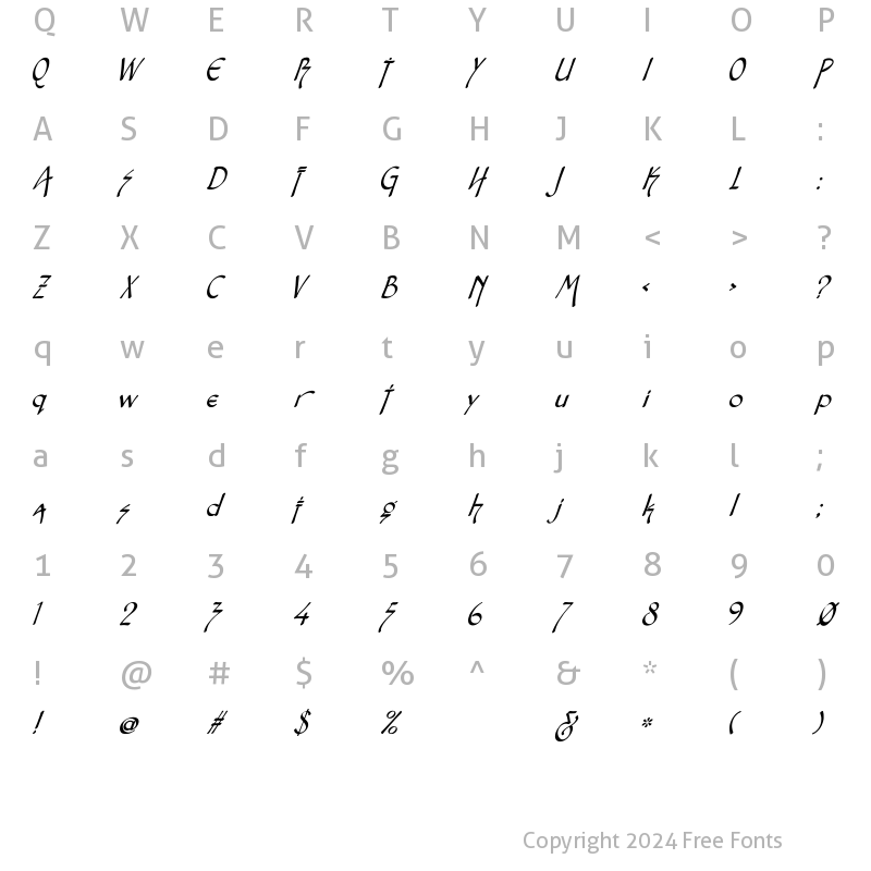 Character Map of Fontasia Three Script Italic