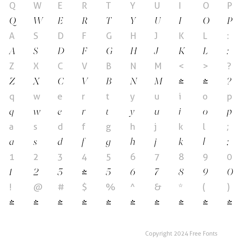 Character Map of FONTSPRING DEMO - Joane Stencil ExtraLight Italic Regular