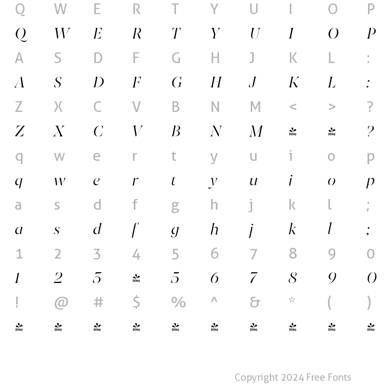 Character Map of FONTSPRING DEMO - Joane Stencil Light Italic Regular
