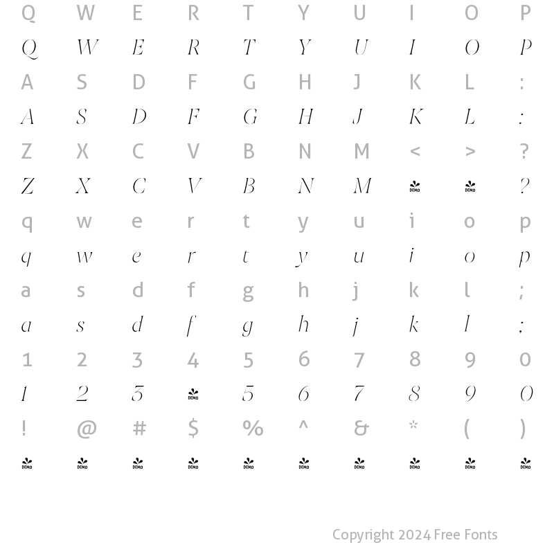 Character Map of FONTSPRING DEMO - Joane Stencil Thin Italic Regular
