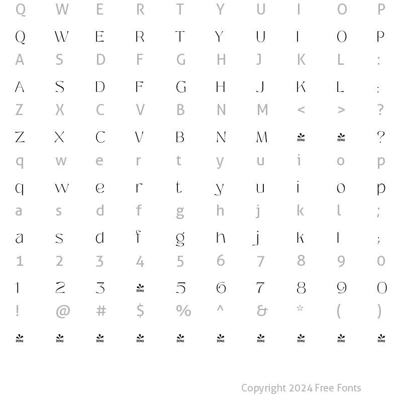 Character Map of FONTSPRING DEMO - Prettywise ExtraLight Regular