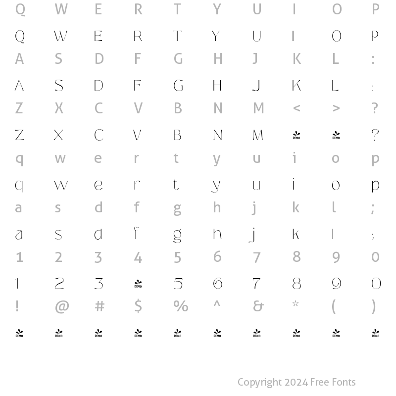 Character Map of FONTSPRING DEMO - Prettywise Thin Regular