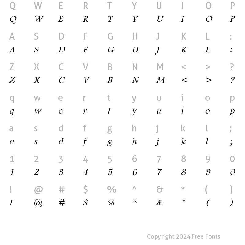 Character Map of Footlight MT Light Italic