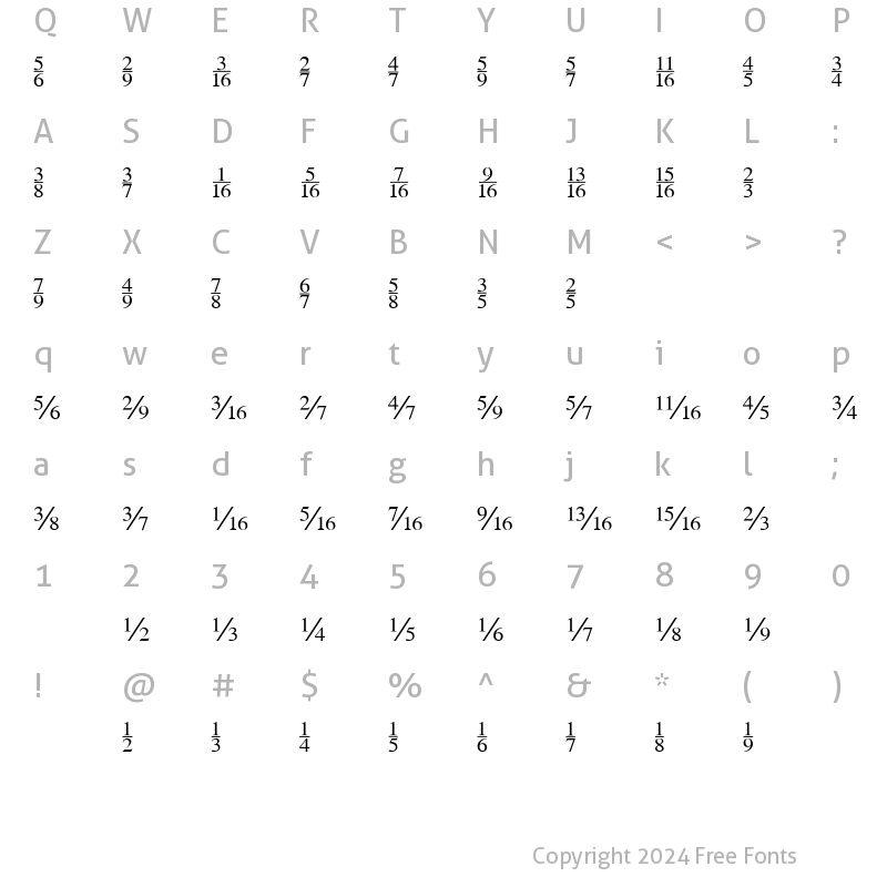 Character Map of FractionsRoman Regular