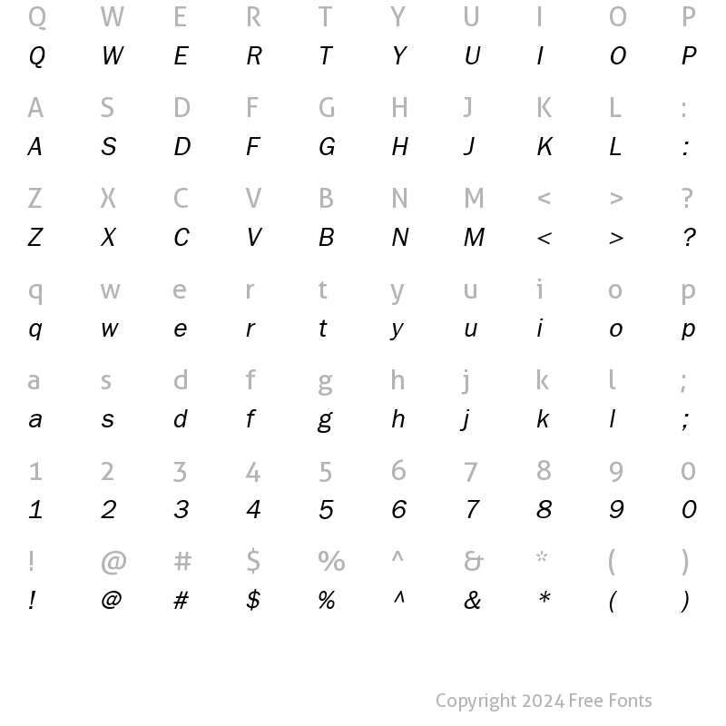 Character Map of Franklin Gothic Light SSi Light Italic