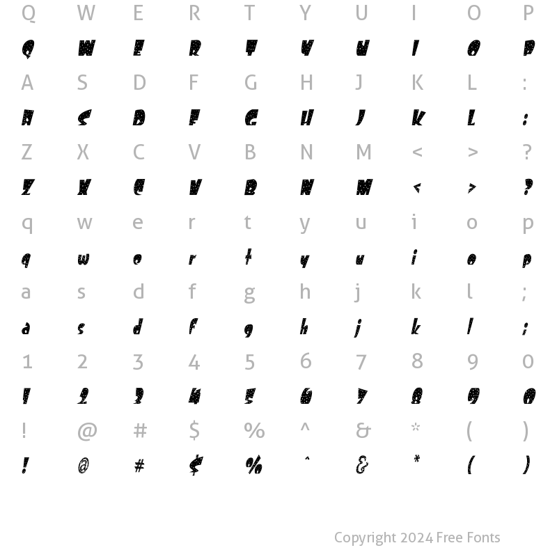 Character Map of FreckleCondensed Oblique