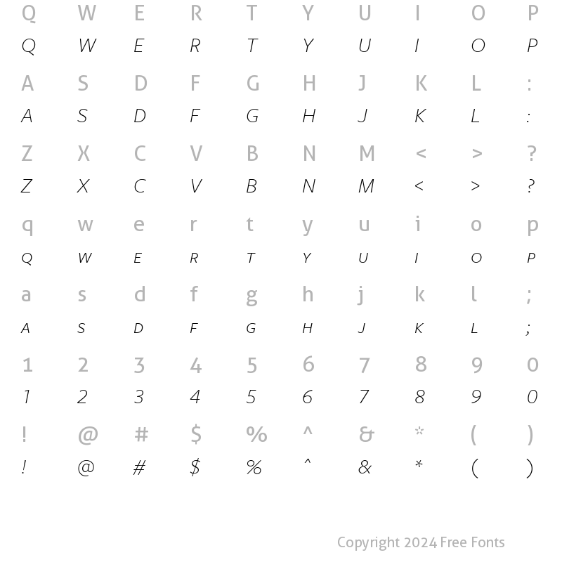 Character Map of FreightSans LightItalicSC Regular