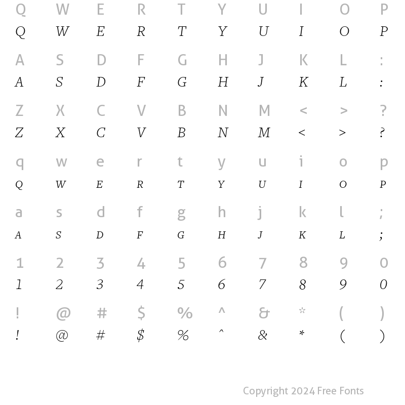 Character Map of FreightText LightItalicSC Regular