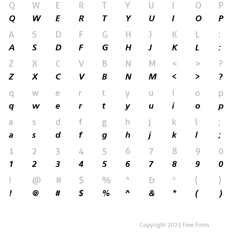 Character Map of Frugal Sans Bold Italic