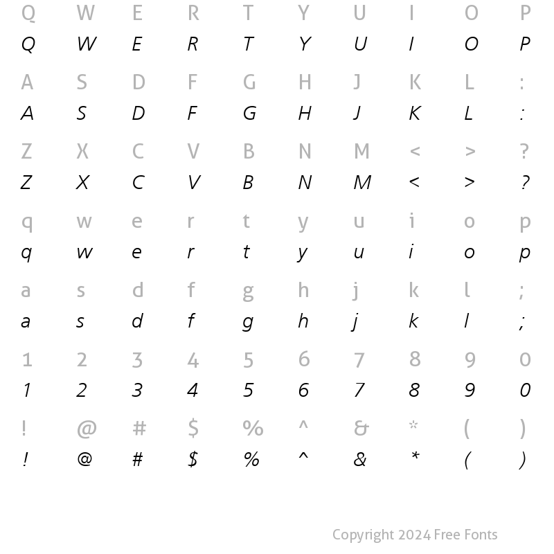 Character Map of Frugal Sans Italic