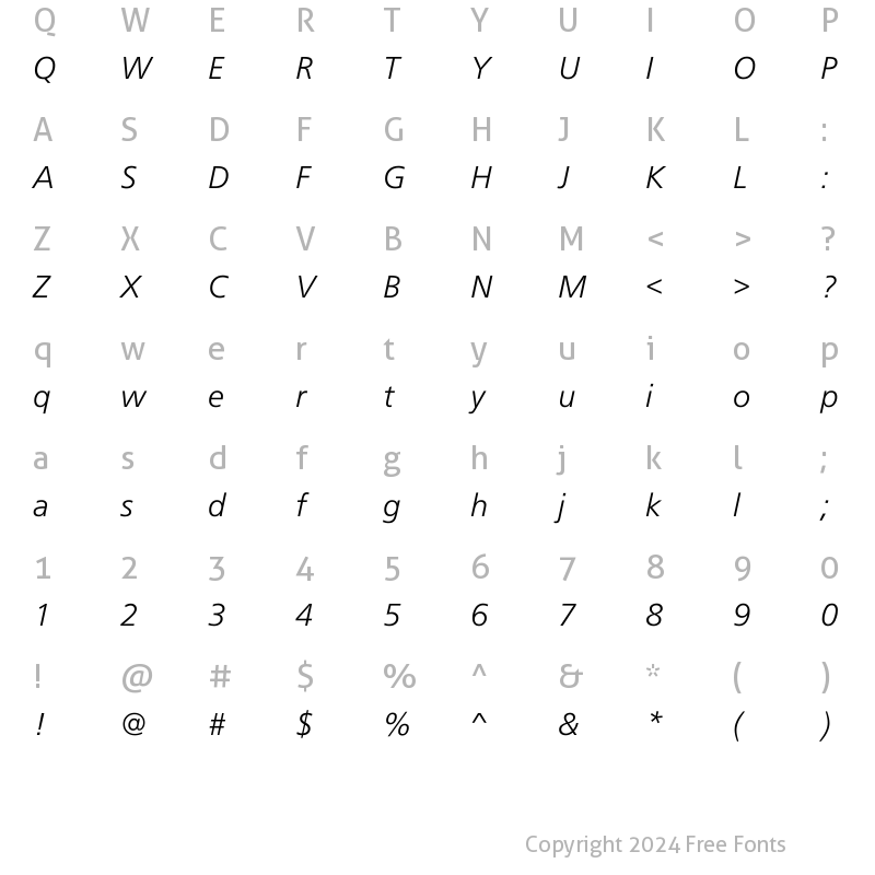 Character Map of Frugal Sans Light Italic Regular