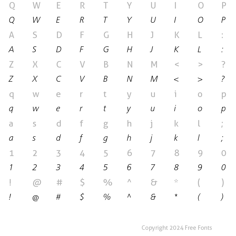 Character Map of FrutigerNextLT Light Italic