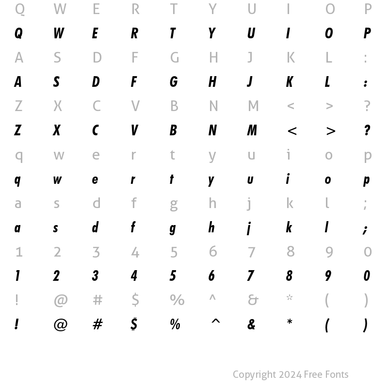 Character Map of Futura Condensed Bold Italic