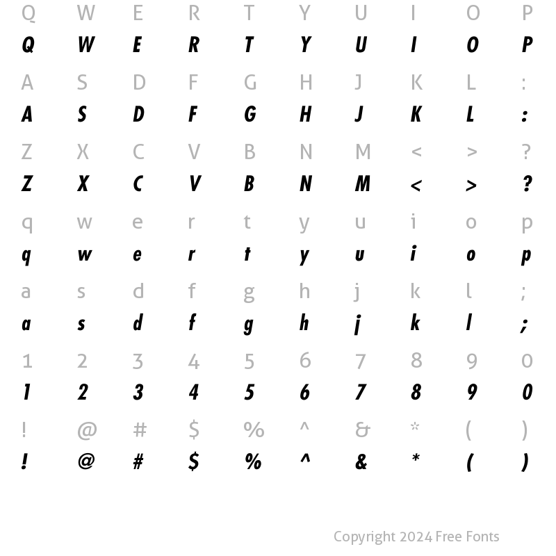 Character Map of Futura-Condensed-BoldItalic Regular