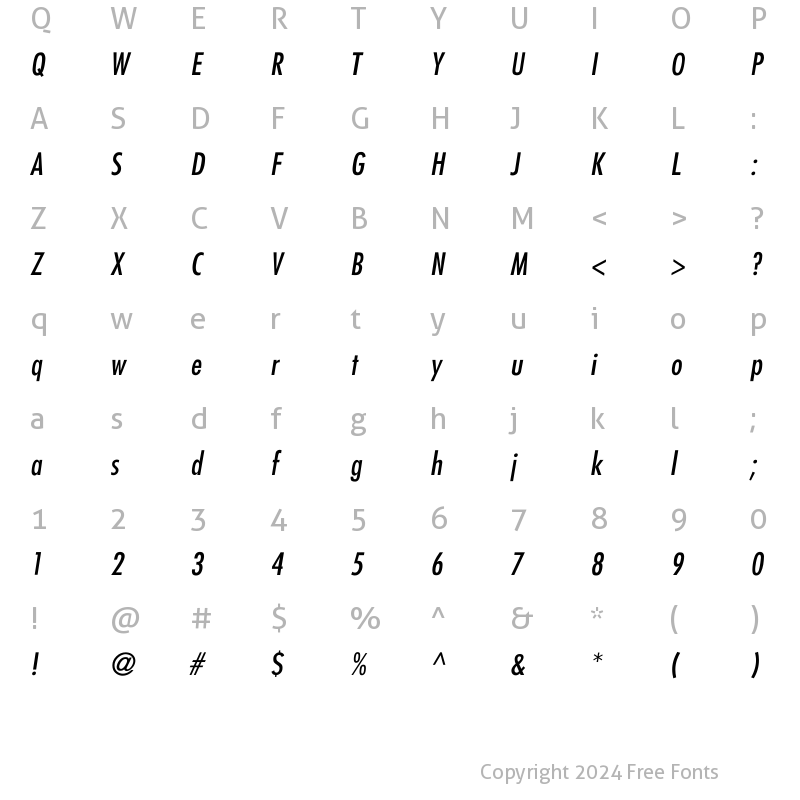 Character Map of Futura-Condensed-Italic Regular