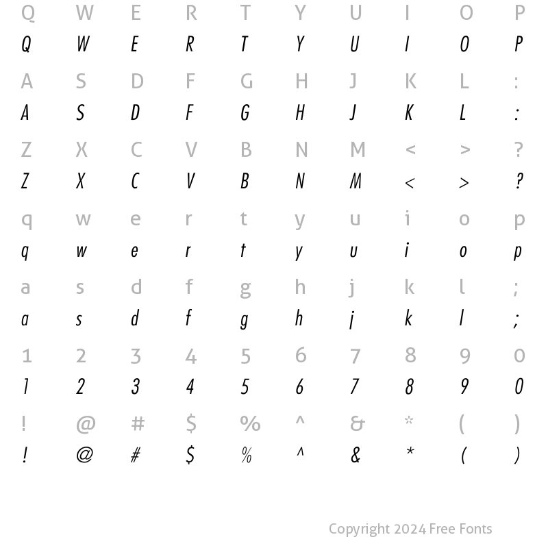 Character Map of Futura-CondensedLight-Italic Regular