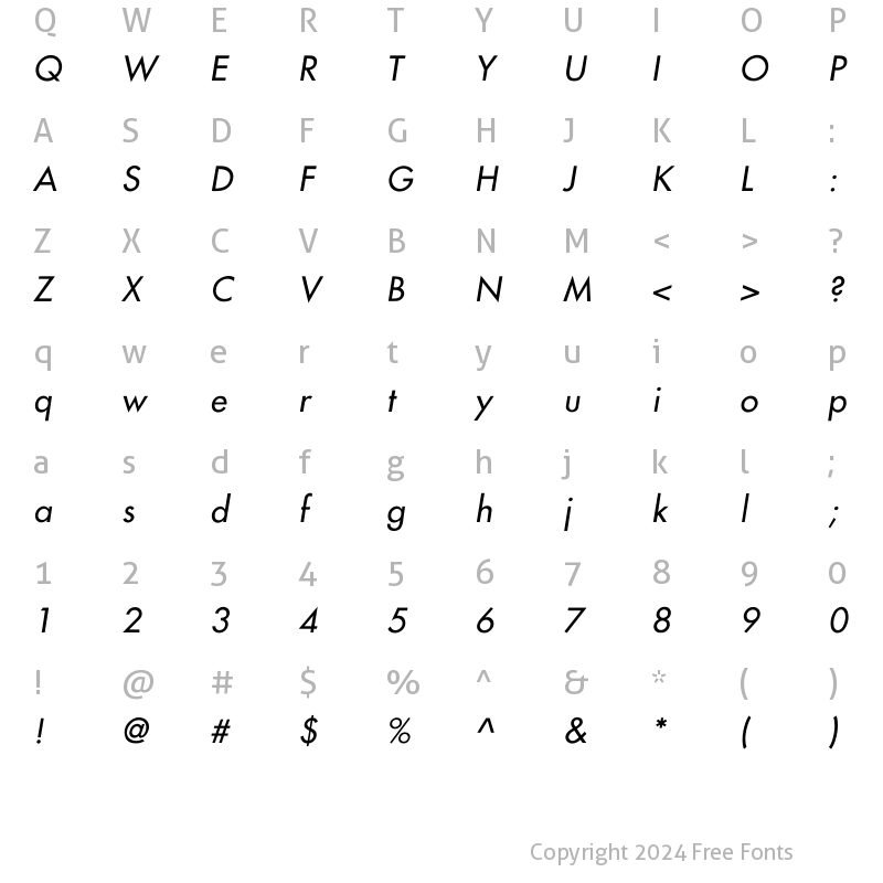 Character Map of Futura2-Italic Regular