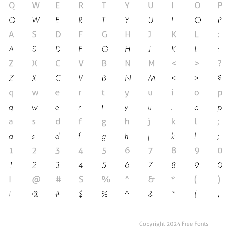 Character Map of FuturaTLig Oblique