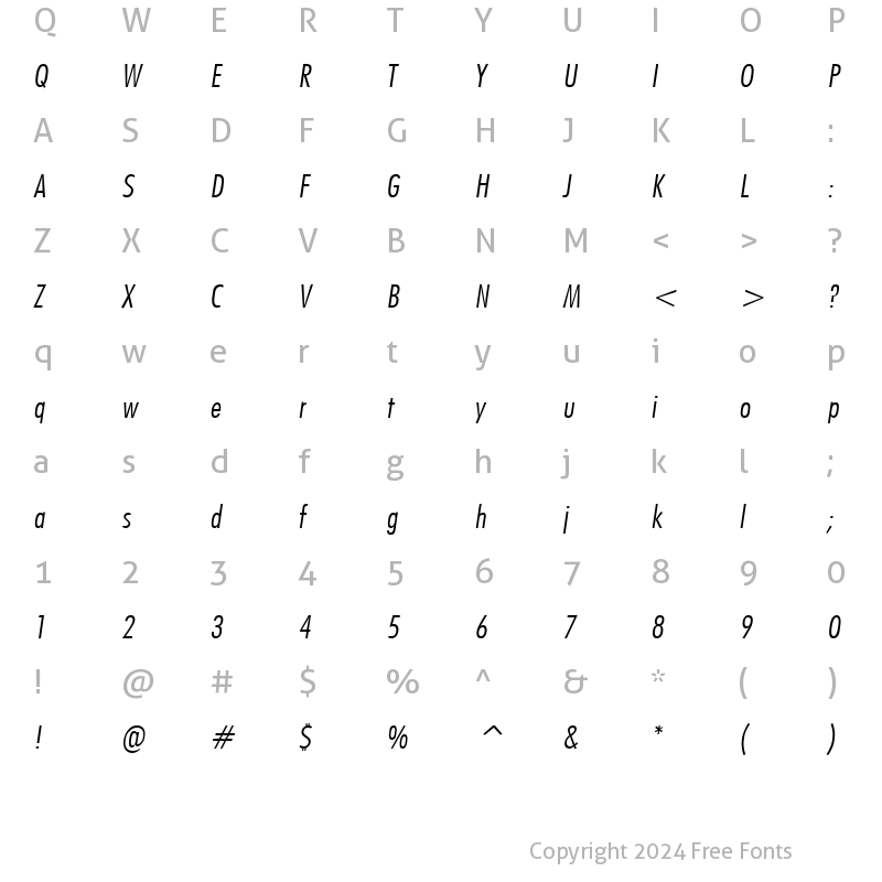 Character Map of Futuri Condensed Light Oblique