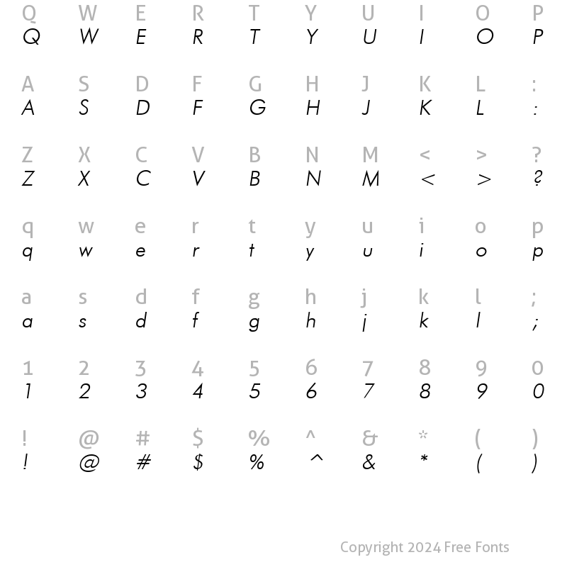 Character Map of Futuri Light Italic