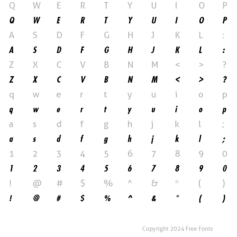 Character Map of FuturistCondensed Bold Italic