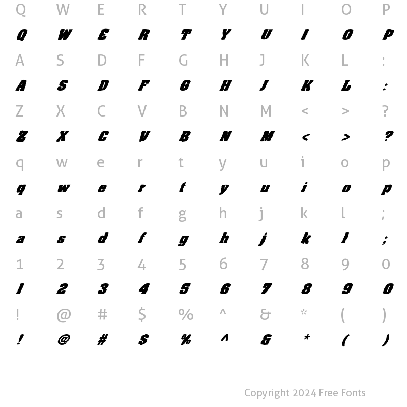 Character Map of FZ BASIC 52 MANGLED ITALIC Normal