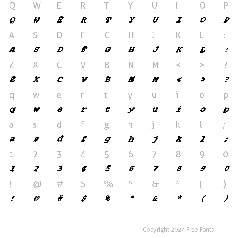 Character Map of FZ BASIC 54 MANGLED ITALIC Normal