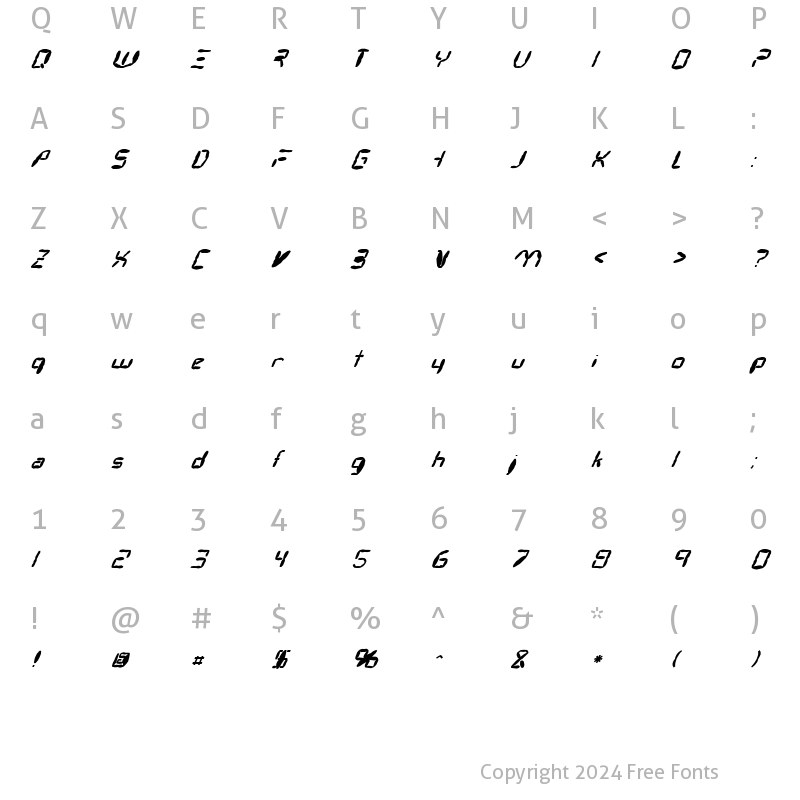 Character Map of FZ DIGITAL 7 MANGLED ITALIC Normal