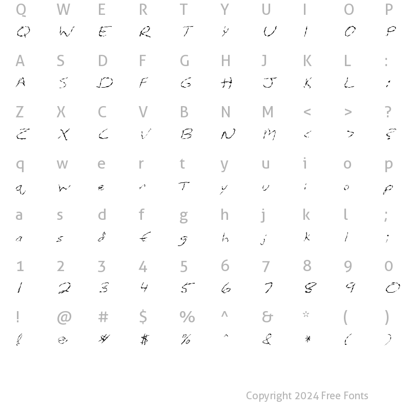 Character Map of FZ HAND 12 WAVEY ITALIC Normal