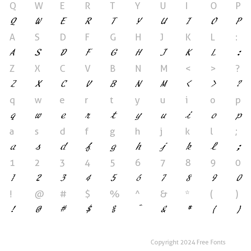 Character Map of FZ HAND 20 SPIKED ITALIC Normal