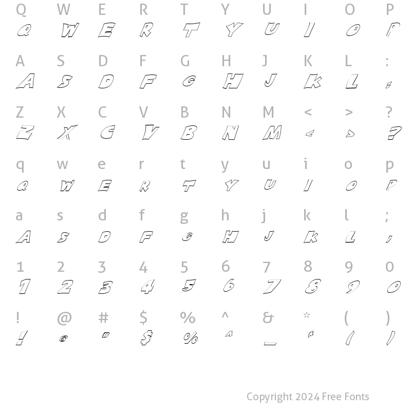 Character Map of FZ JAZZY 10 HOLLOW ITALIC Light