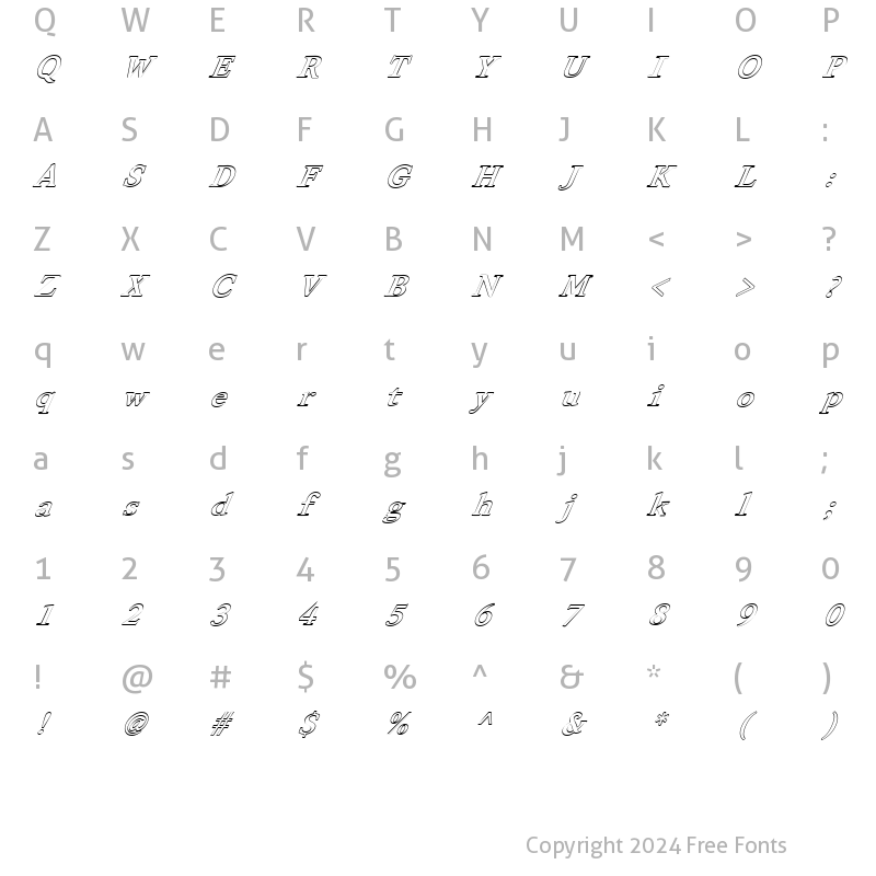 Character Map of FZ ROMAN 28 HOLLOW ITALIC Normal