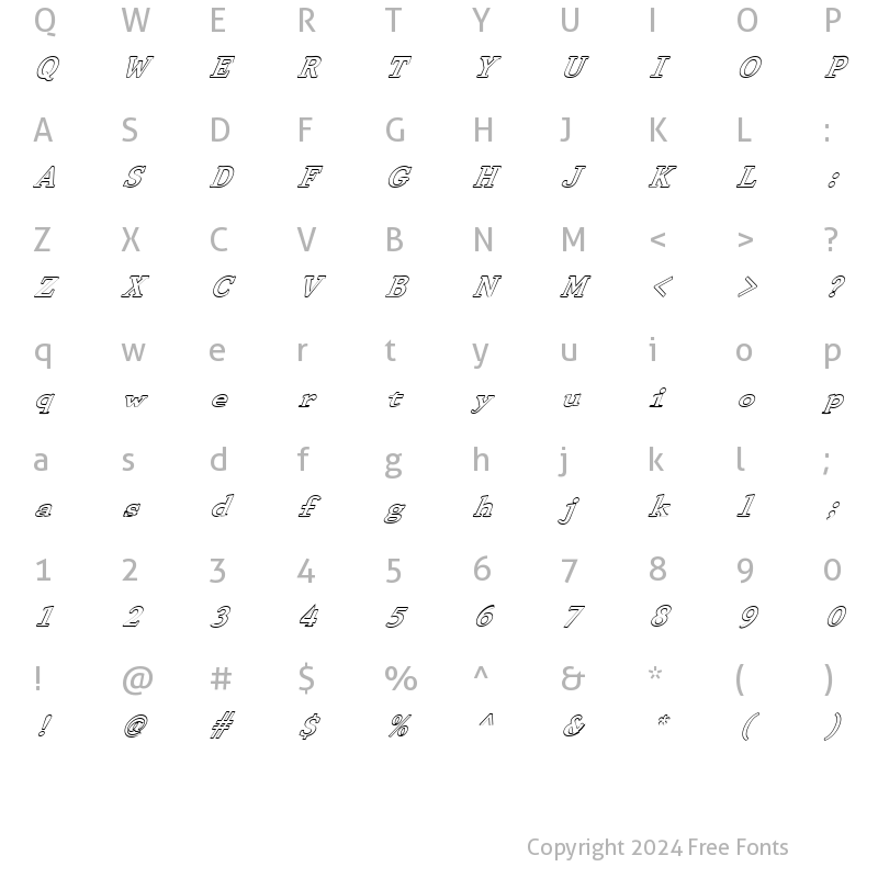 Character Map of FZ ROMAN 29 HOLLOW ITALIC Normal