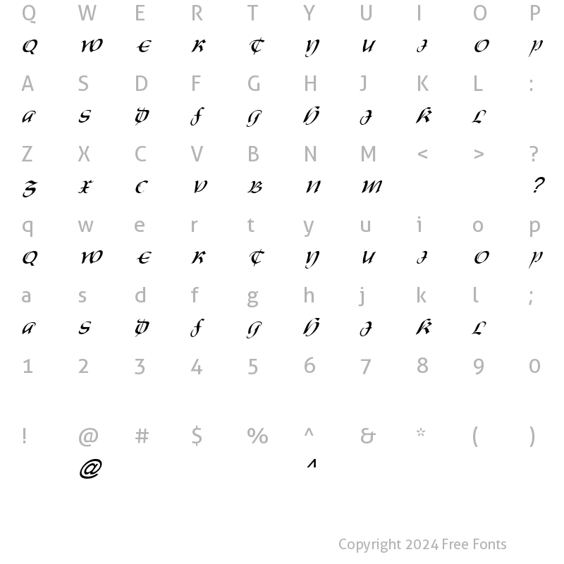 Character Map of FZ SCRIPT 19 ITALIC Normal