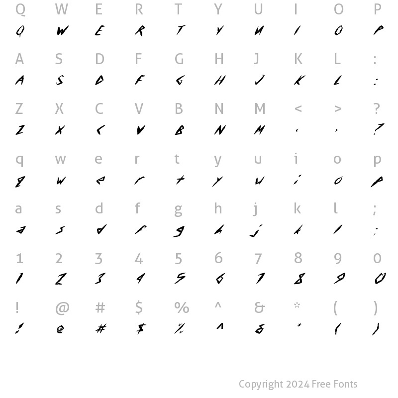 Character Map of FZ UNIQUE 17 MANGLED ITALIC Normal