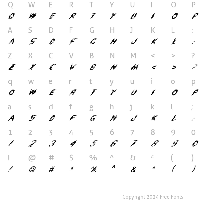 Character Map of FZ UNIQUE 19 MANGLED ITALIC Normal