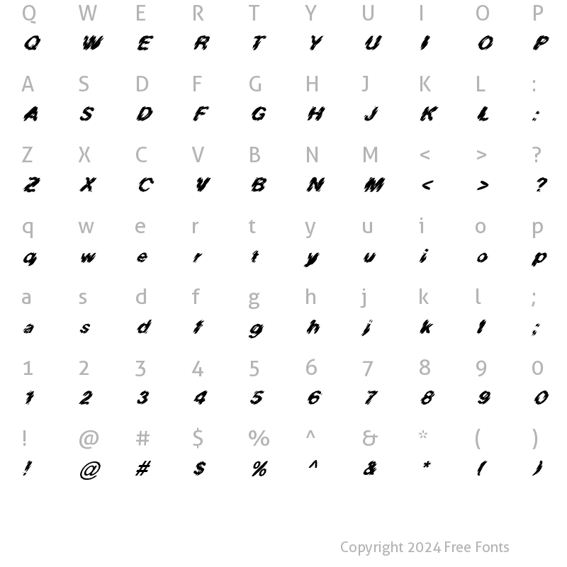 Character Map of FZ UNIQUE 20 MANGLED ITALIC Normal