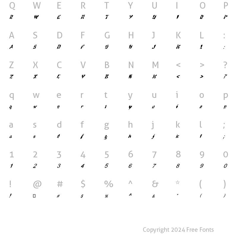 Character Map of FZ UNIQUE 21 MANGLED ITALIC Normal